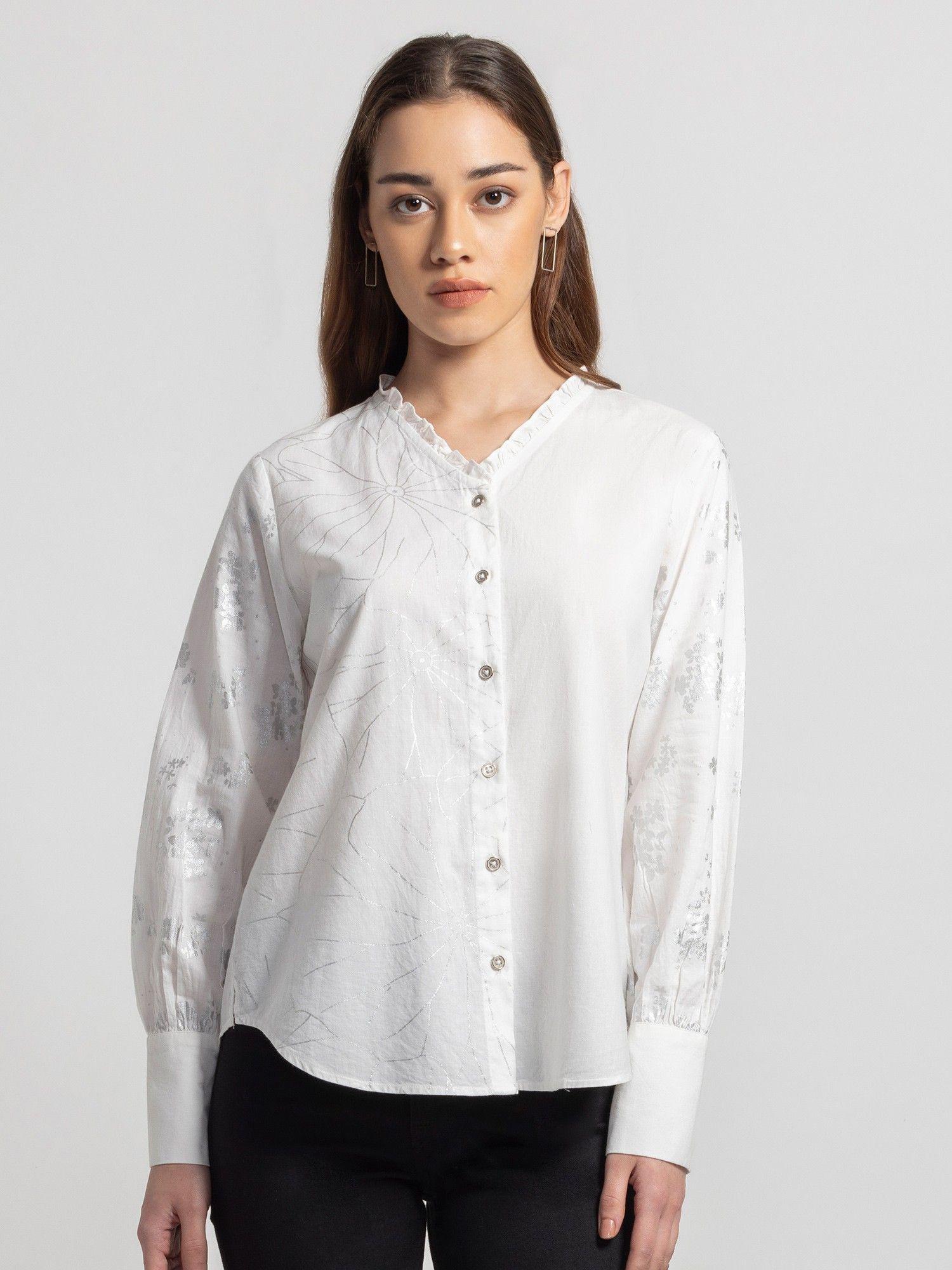 collarless white floral printed long sleeves casual shirt for women