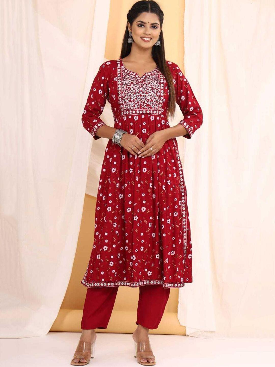 collection rj23  floral printed thread work pleated a-line kurta & trouser with dupatta