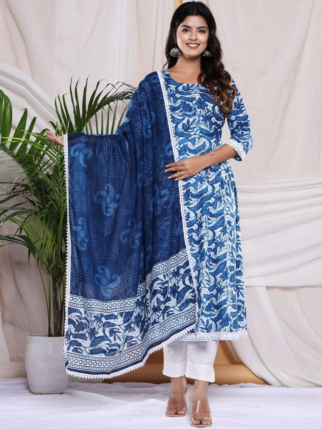 collection rj23 floral printed anarkali pure cotton kurta with trousers &  dupatta