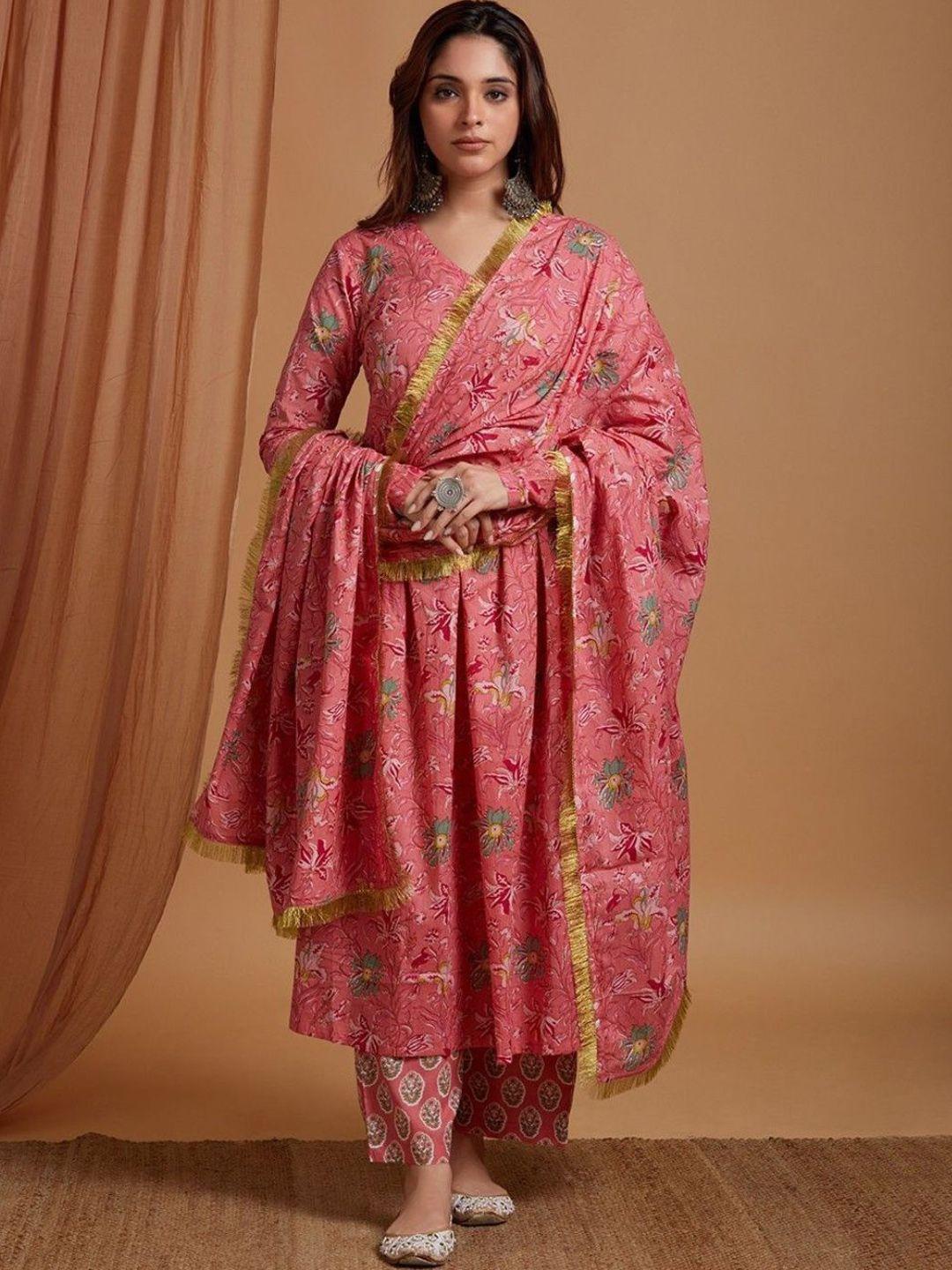 collection rj23 floral printed empire pure cotton kurta with palazzos & dupatta