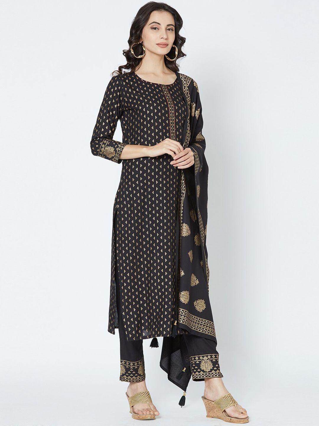 collection rj23 women black ethnic motifs printed kurta with trousers & with dupatta