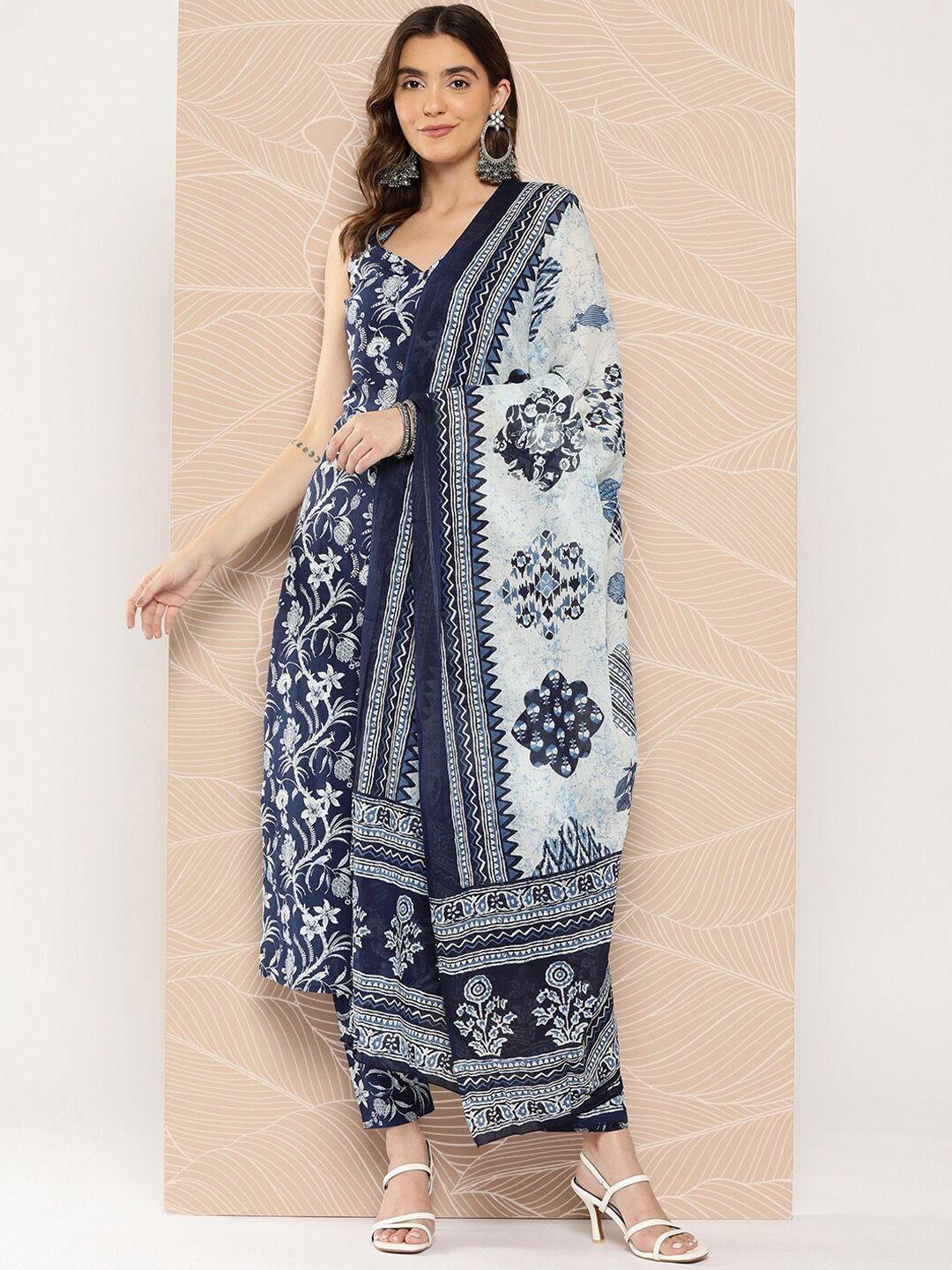 collection rj23 women blue floral printed regular kurta with trousers & with dupatta