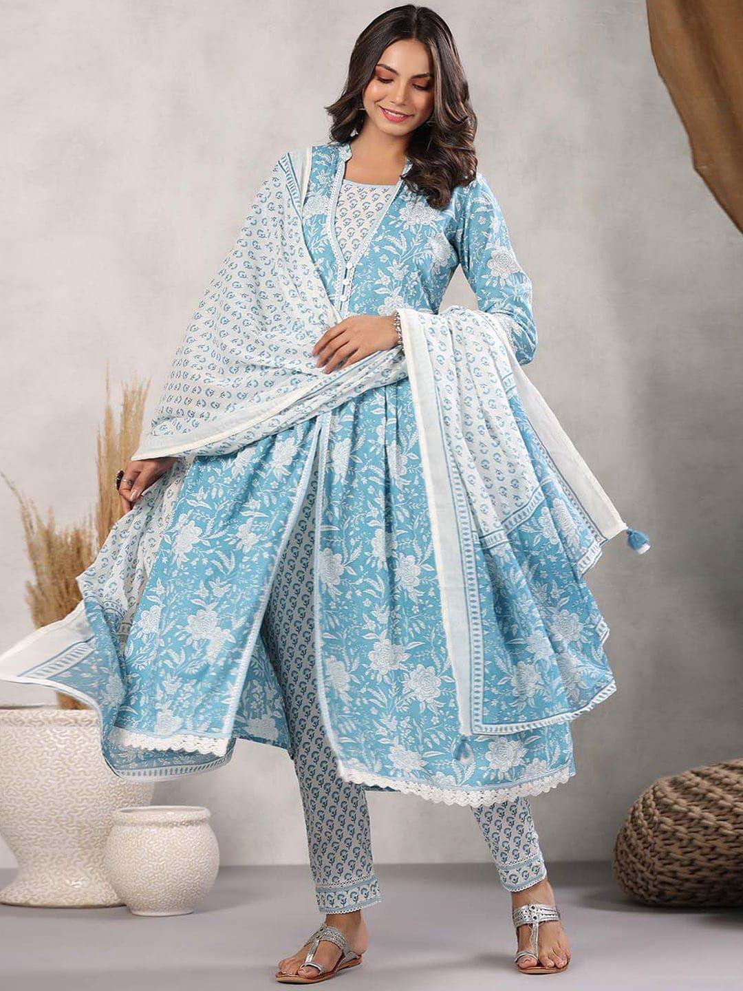 collection rj23 women blue floral printed regular pure cotton kurta with trousers & with dupatta
