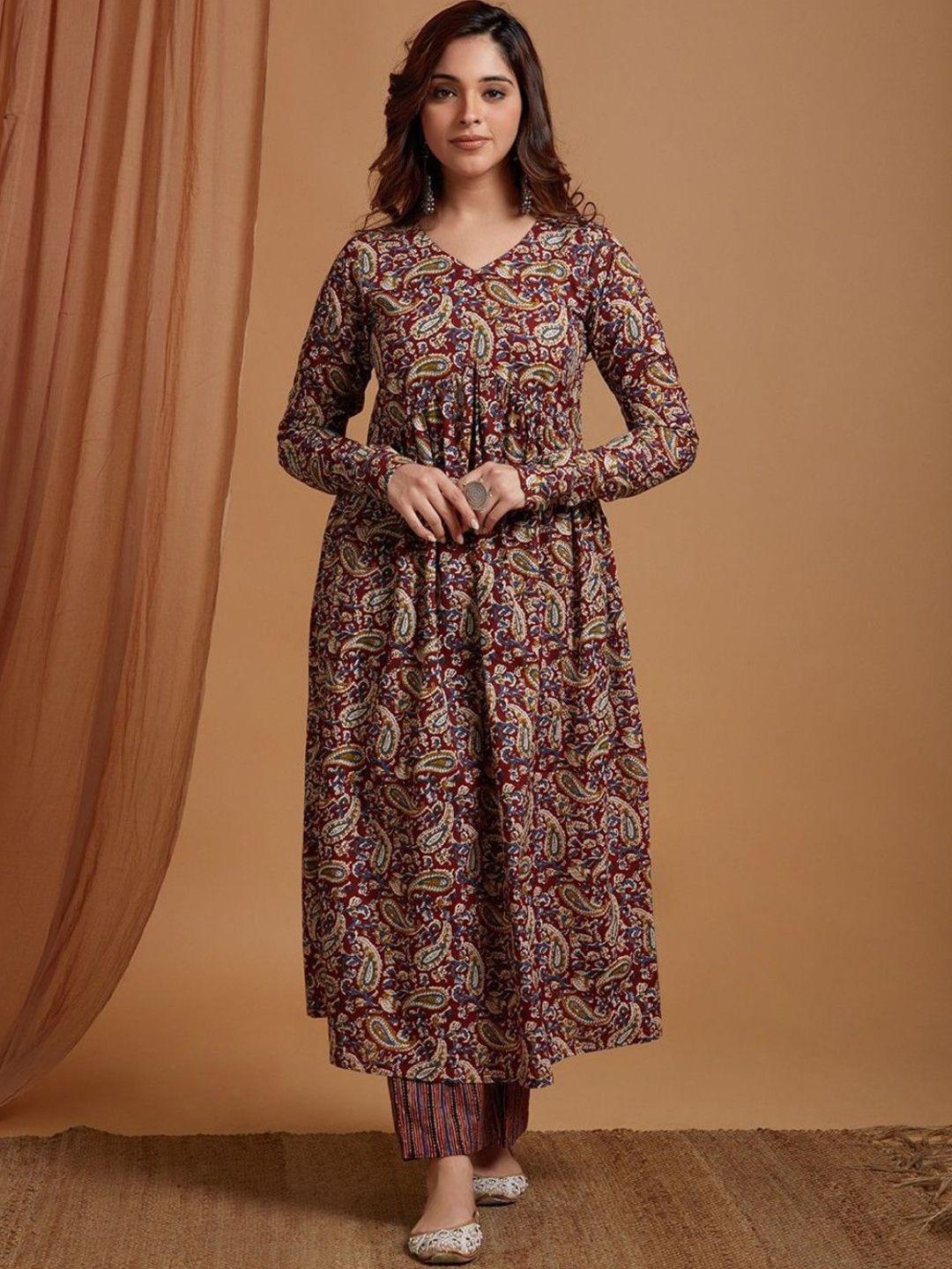 collection rj23 women brown paisley printed regular pure cotton kurta with trousers & with dupatta
