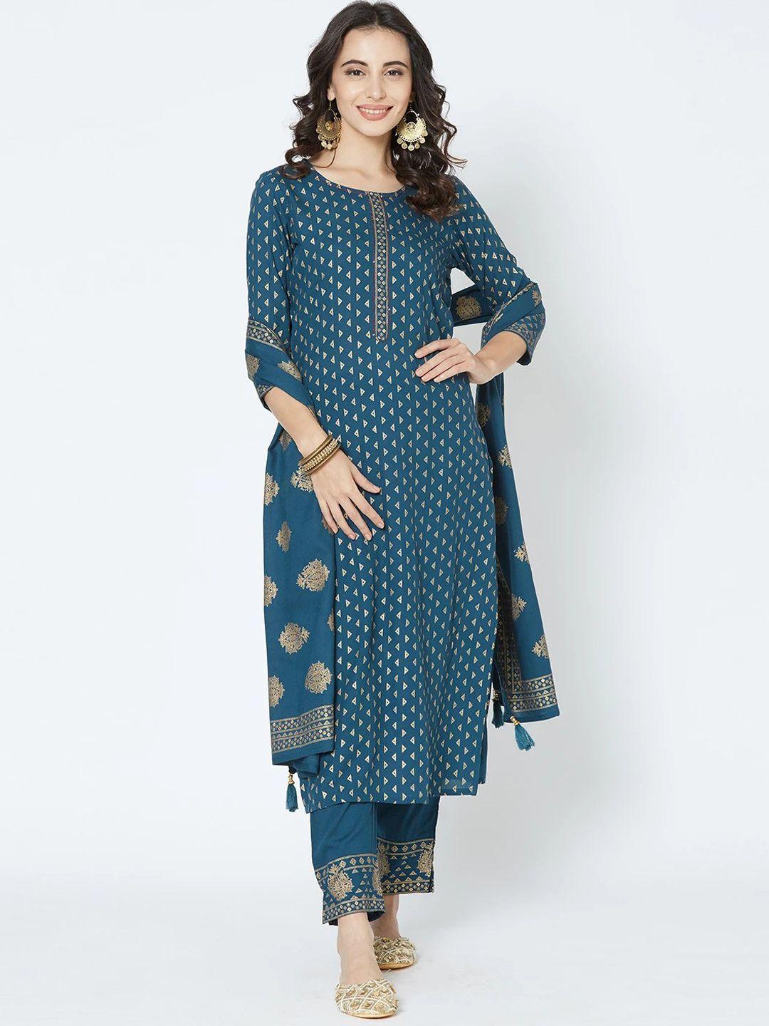 collection rj23 women navy blue printed kurti with trousers & with dupatta