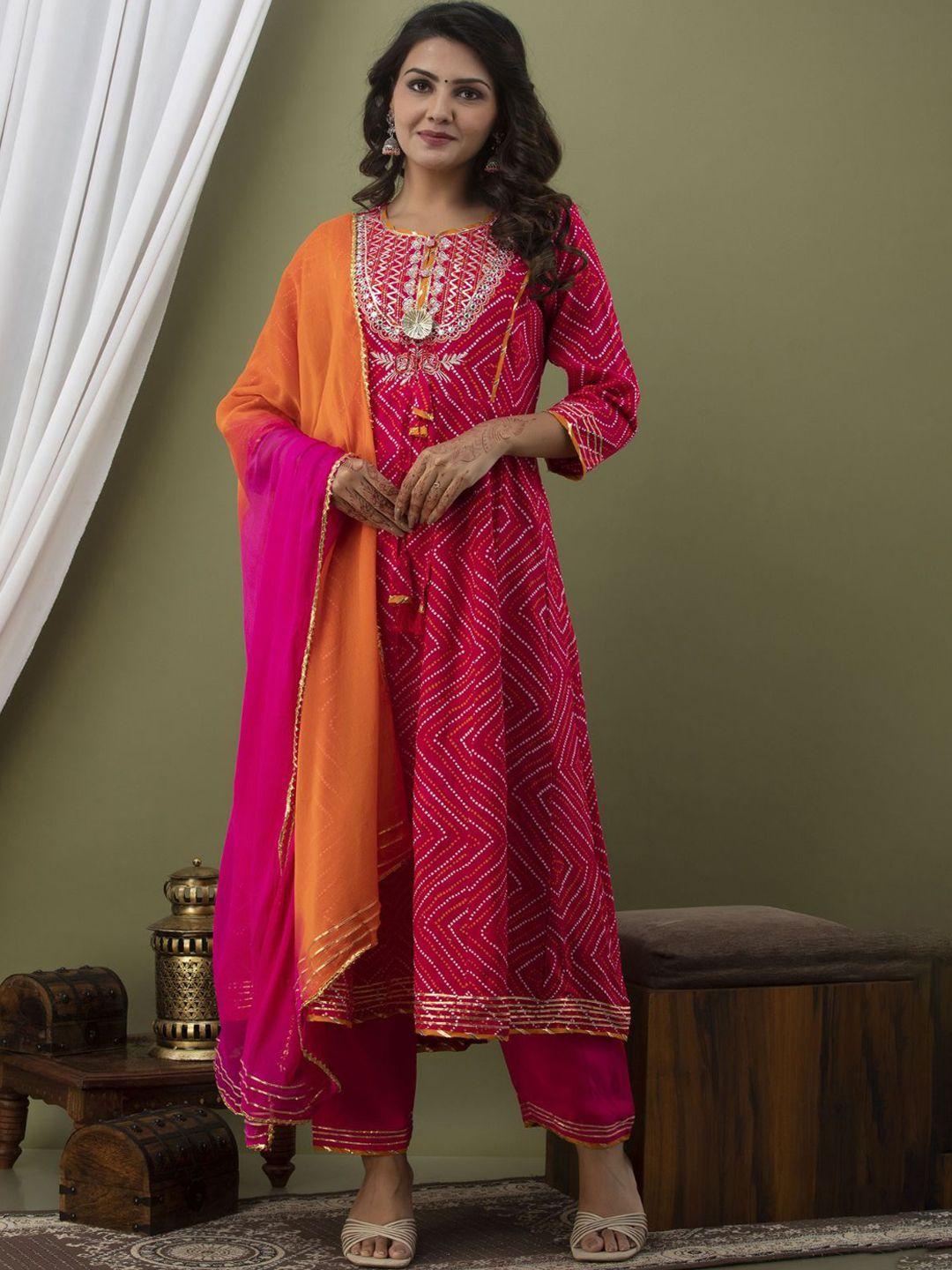 collection rj23 women pink bandhani embroidered regular aari work kurta with trousers & with dupatta
