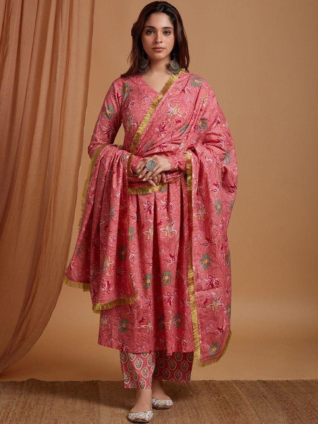 collection rj23 women pink floral printed empire pure cotton kurta with palazzos & with dupatta