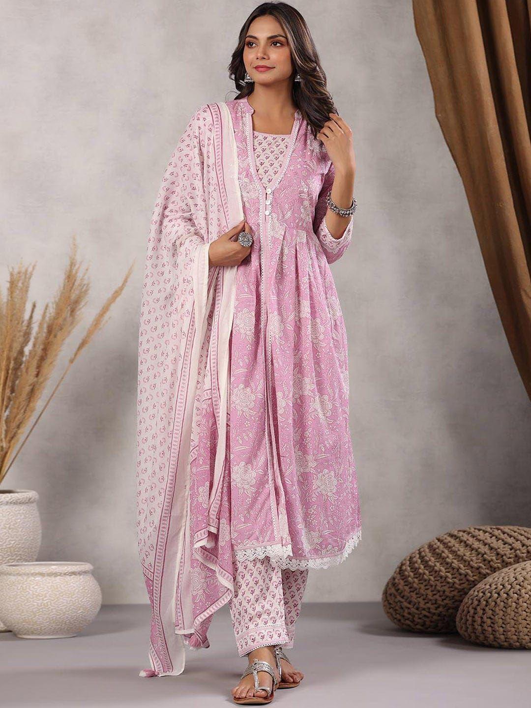 collection rj23 women pink floral printed regular pure cotton kurta with trousers & with dupatta