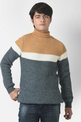 color block blended high neck boys sweater - yellow