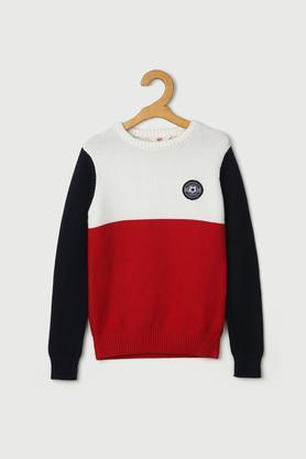 color block cotton round neck boys sweater - red