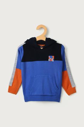 color block cotton round neck boys sweater - royal blue