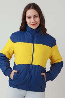 color block high neck polyester women's casual wear coat - multi