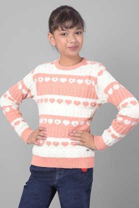 color block nylon round neck girls sweater - pink