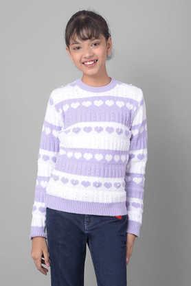 color block nylon round neck girls sweater - purple