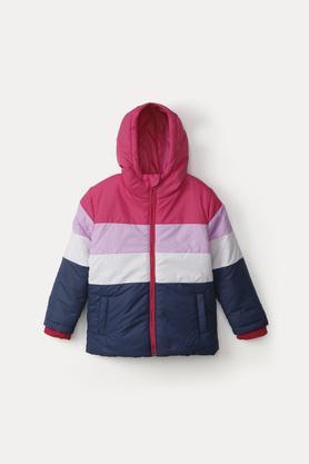 color block polyester hood girls jacket - multi