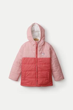 color block polyester hood girls jacket - peach