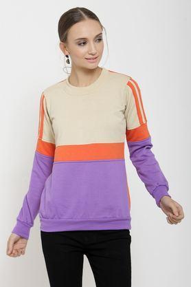 color block blended round neck women's sweatshirt - natural