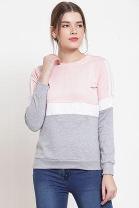 color block blended round neck women's sweatshirt - pink