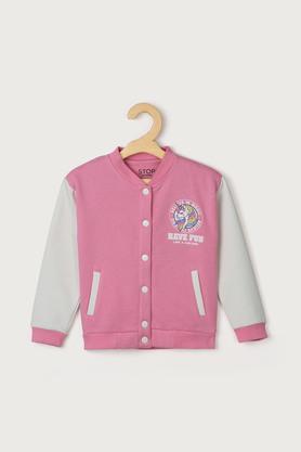color block cotton blend round neck girls jacket - pink