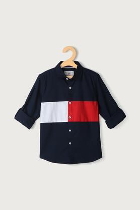 color block cotton collar neck boys shirt - navy