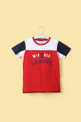 color block cotton round neck boy's t-shirt - red