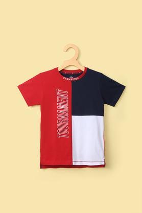 color block cotton round neck boy's t-shirt - red
