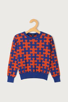 color block cotton round neck boys sweater - orange