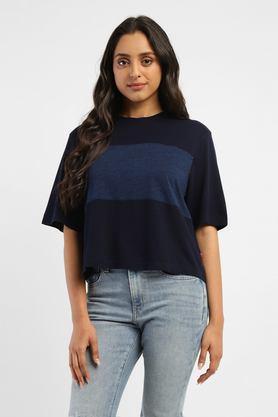 color block cotton round neck women's t-shirt - indigo