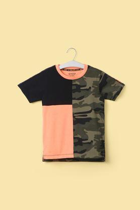 color block poly cotton round neck boy's t-shirt - orange