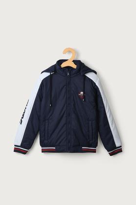 color block polyester hood boys jacket - navy