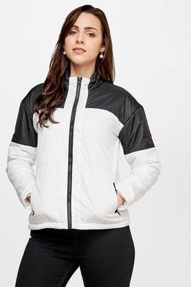 color block polyester regular fit women's jacket - black mix