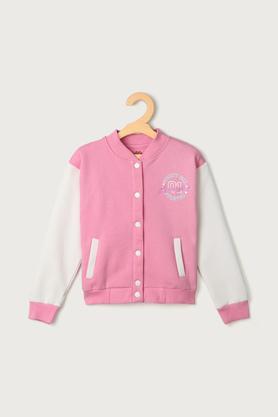color block polyester round neck girls jacket - pink