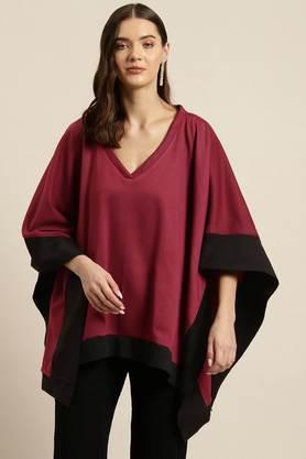 color block polyester v-neck women's poncho - maroon