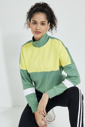 color block round neck cotton women's sweatshirts - green