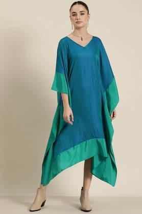 color block silk v-neck women's kaftan - teal