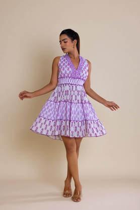color block v-neck cotton women's dress - purple