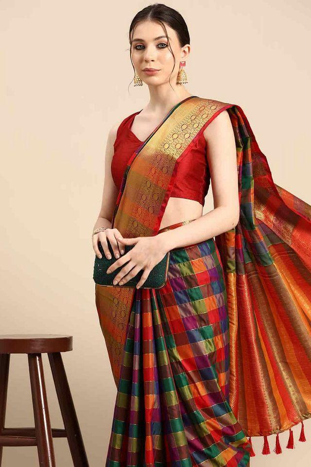 color block zari work silk active wear womens saree