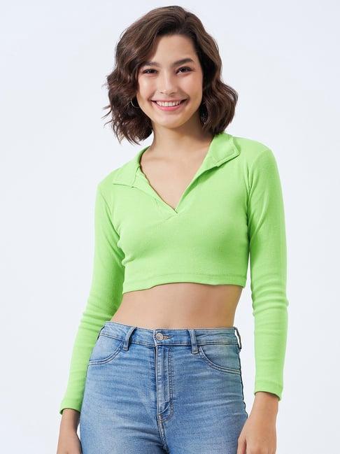 color capital green cotton slim fit crop top