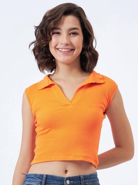 color capital orange cotton slim fit crop top