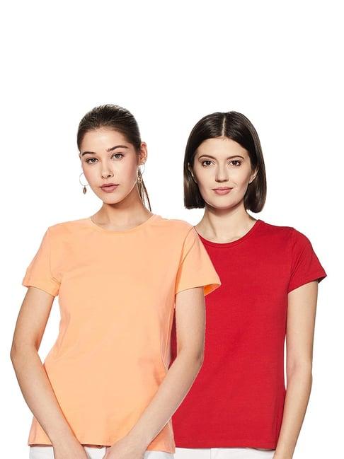 color capital peach & red regular fit t-shirt (pack of 2)
