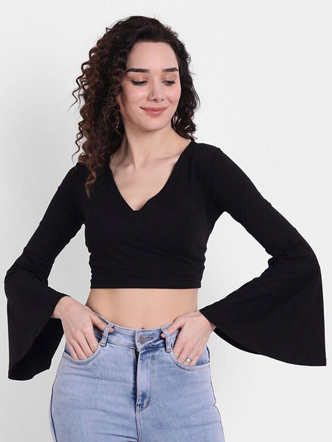 color capital v neck bell sleeve wrap crop top