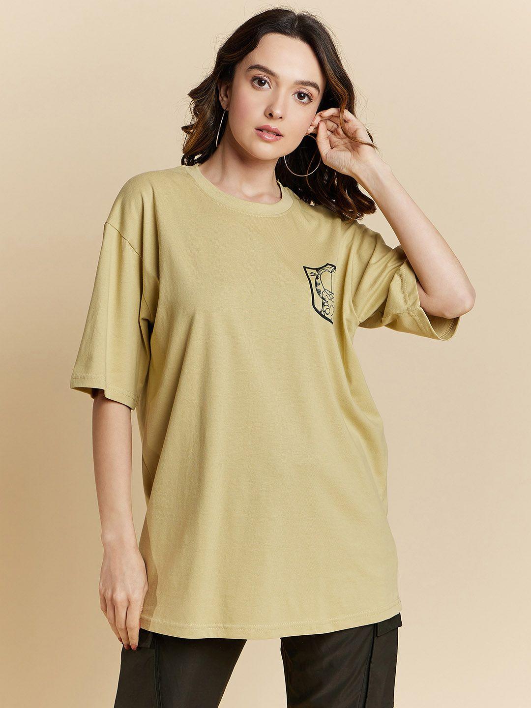 color capital women khaki typography printed raw edge t-shirt