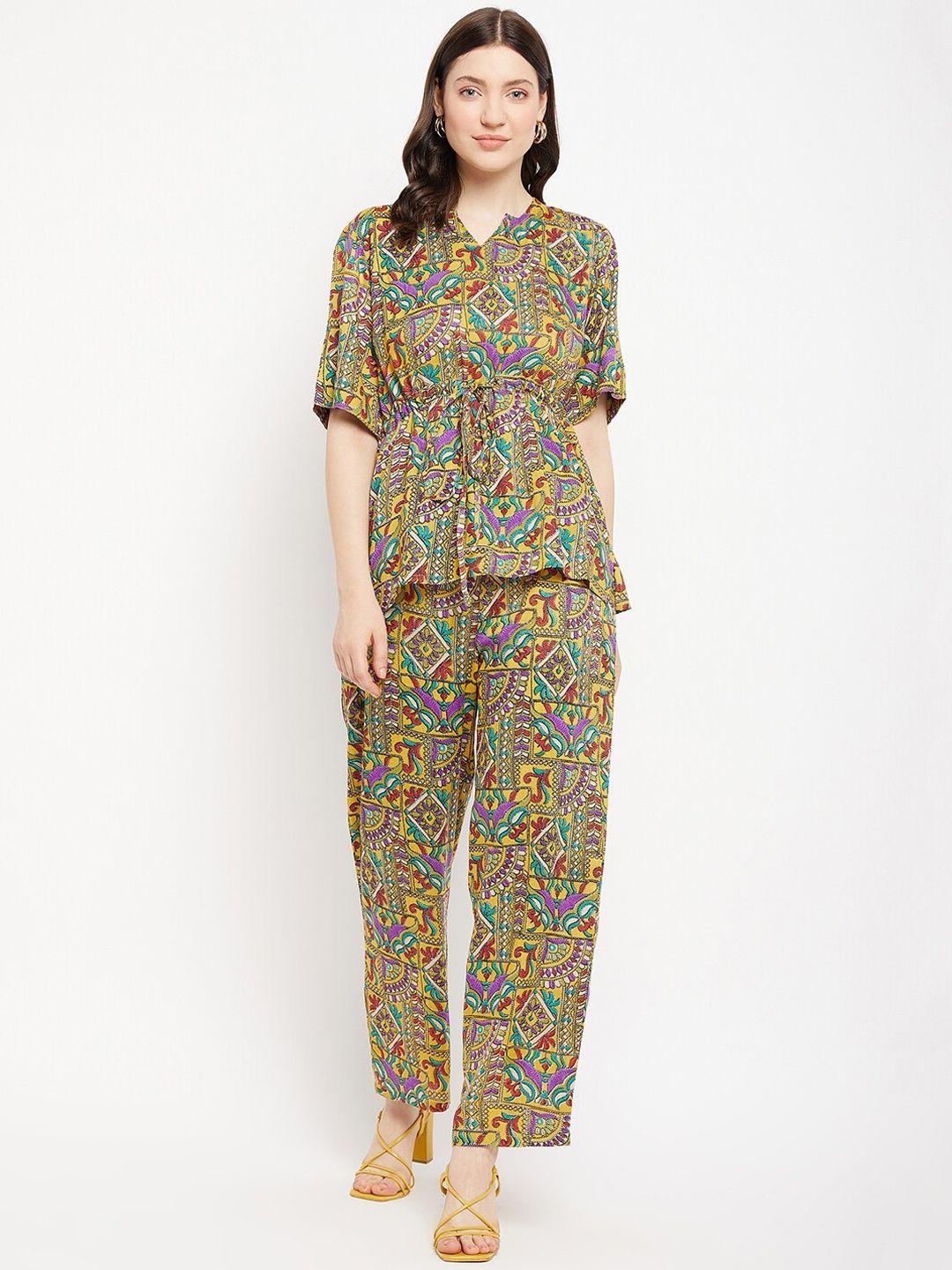 color cocktail ethnic motifs printed top & trousers