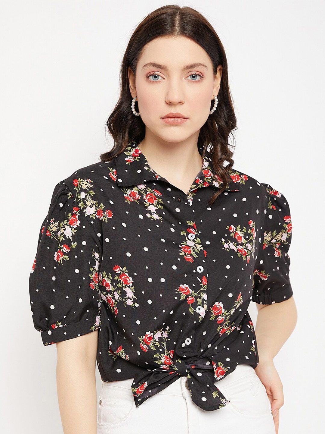 color cocktail floral printed puff sleeves waist knotted shirt style top