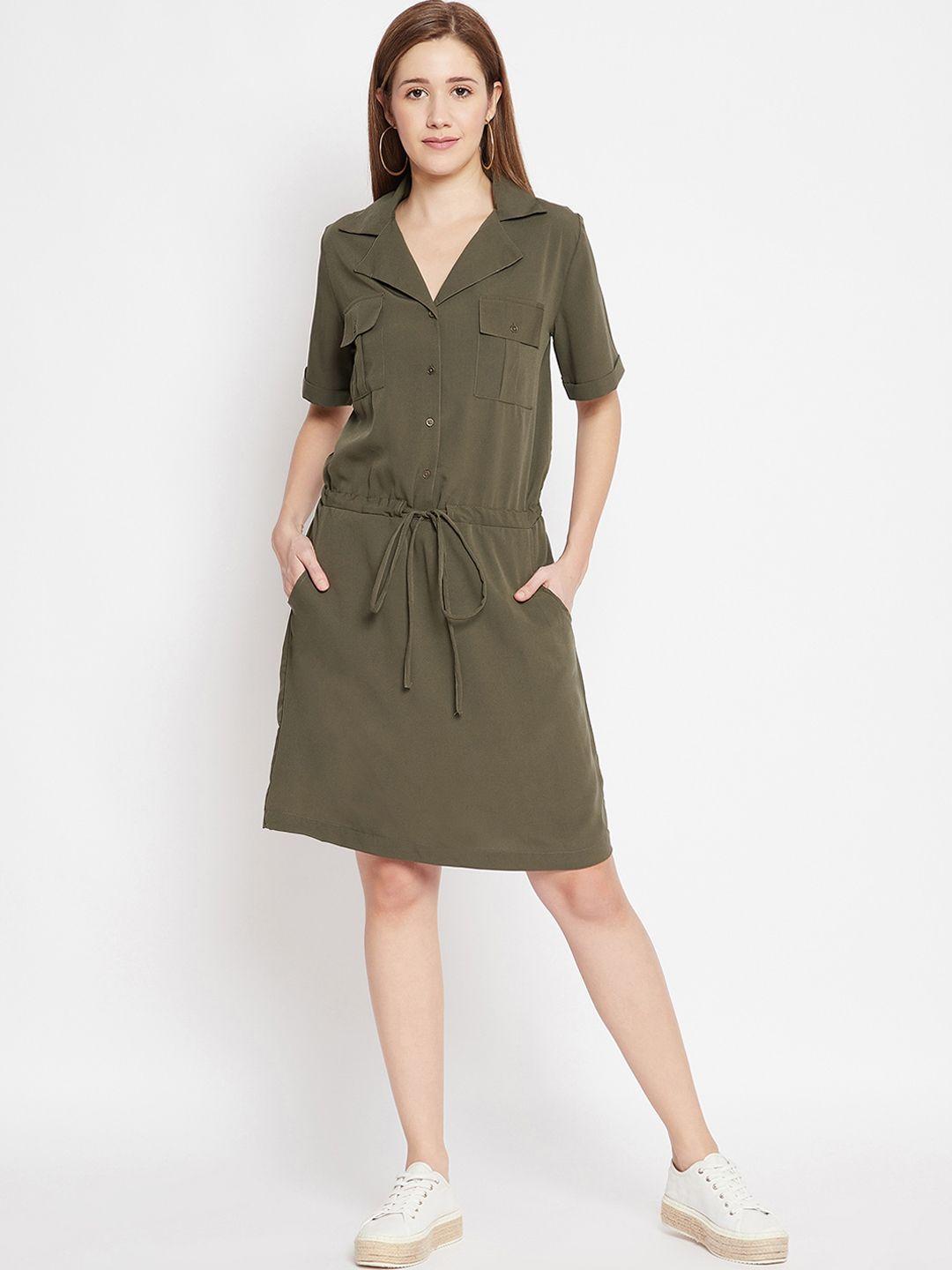 color cocktail olive green crepe shirt dress