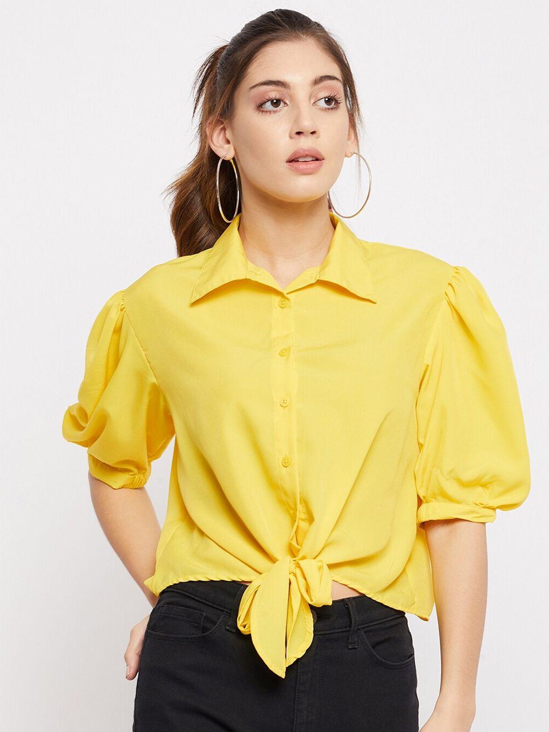 color cocktail puff sleeves waist tie-up detail shirt style top