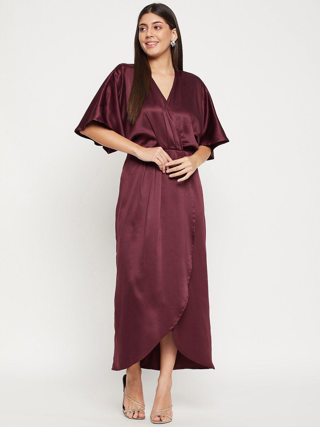 color cocktail v-neck flared sleeves gathered wrap midi dress
