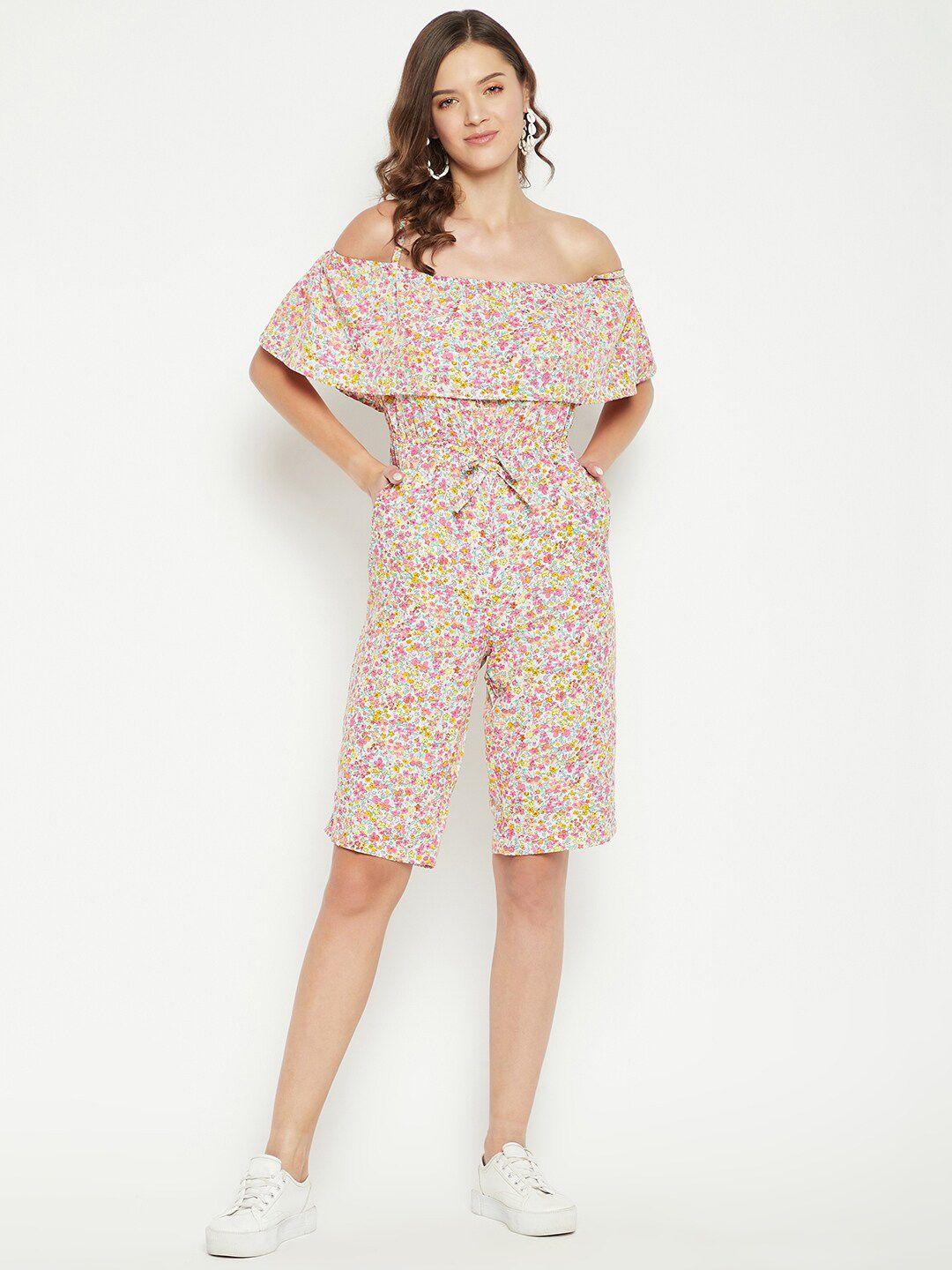 color cocktail white & pink off-shoulder printed basic jumpsuit