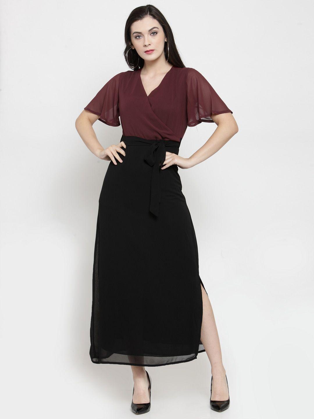 color cocktail women maroon & black colourblocked v-neck wrap maxi dress