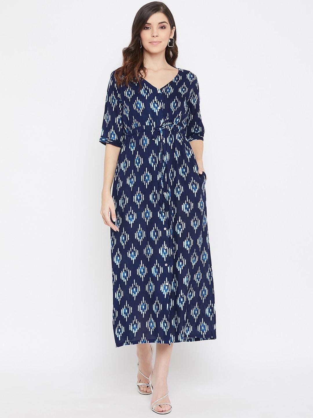 color cocktail women navy blue printed a-line dress